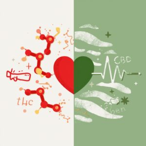 Half THC Heart and Half CBD heart, ThC side is hectic and red, CBD side is calm and green