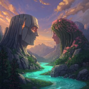 A masculine mountain looking at a feminine mountain across the winding river