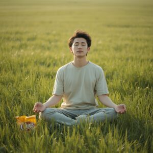 A Asian man meditating in a field with a bag of chips next to him