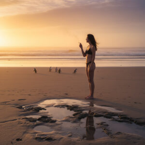 A woman standing on the beach admiring penguins and she smokes a joint