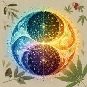 A symbol of yin and yang blended with the endocannabinoid system, colorful idea of symbolism