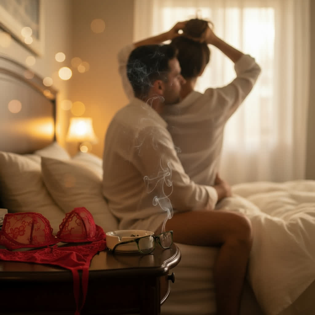 A man and woman clothed in bed sharing a joint