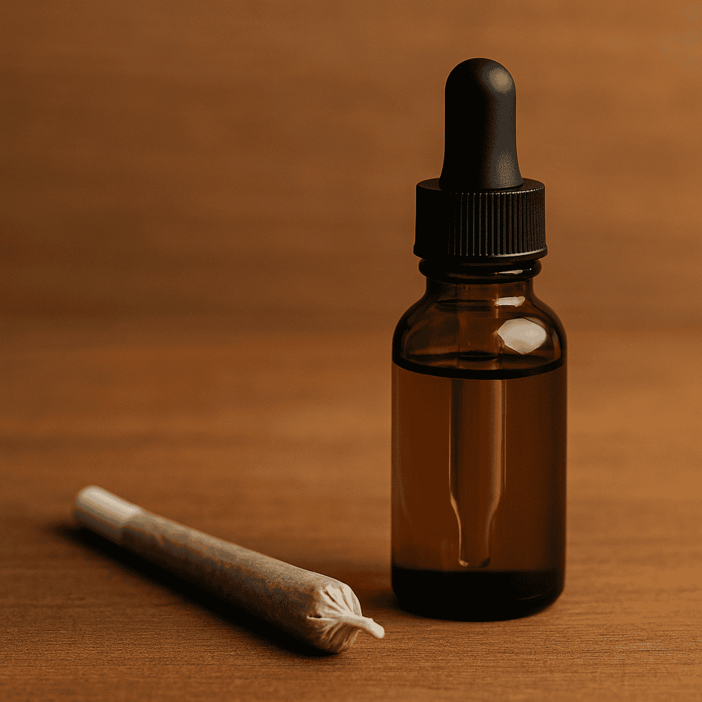 A cannabis Pre-Roll nexto a CBD dropper