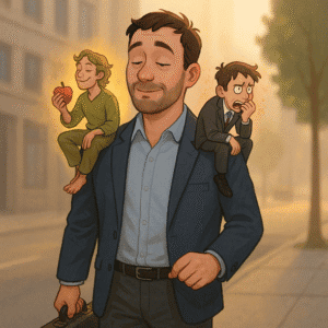 A man walking to work with a character on each side oof his shoulder, one is calm and the other is anxious