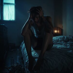 A man sitting on his bed going through withdrawals.