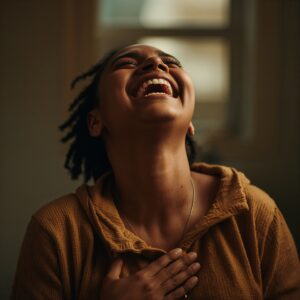 A lady that's laughing and having a good time