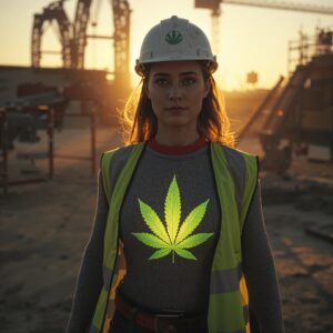 A lady working on a construction site that using cannabis got a cannabis leaf on her torso that's almost full. Showing she is dependent on cannabis.