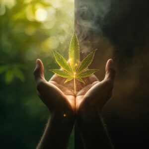 A cannabis leaf in someone's hand, shining brightly