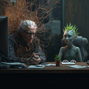 ECS (endocannabinoid systems) character sitting next to a cannabis character, teaching him how to do his job