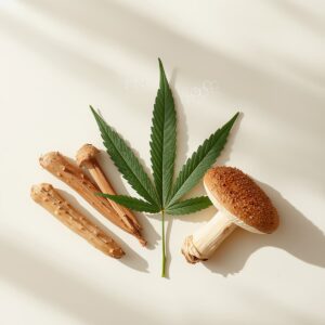 A cannabis leaf sitting nexto mushrooms 