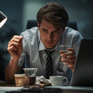 A man taking a pill at work to help him work. He is sitting at a office desk.