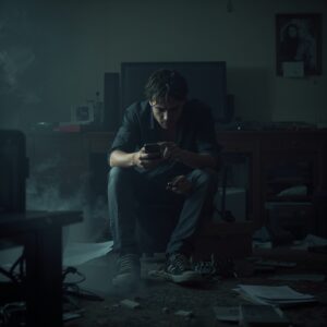 A man sitting in a room full of addictions