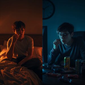 One person taking THC oil before bed & the other drinking energy drinks at 2 am gaming