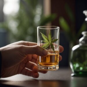 Someone taking half a shot of cannabis alcohol 